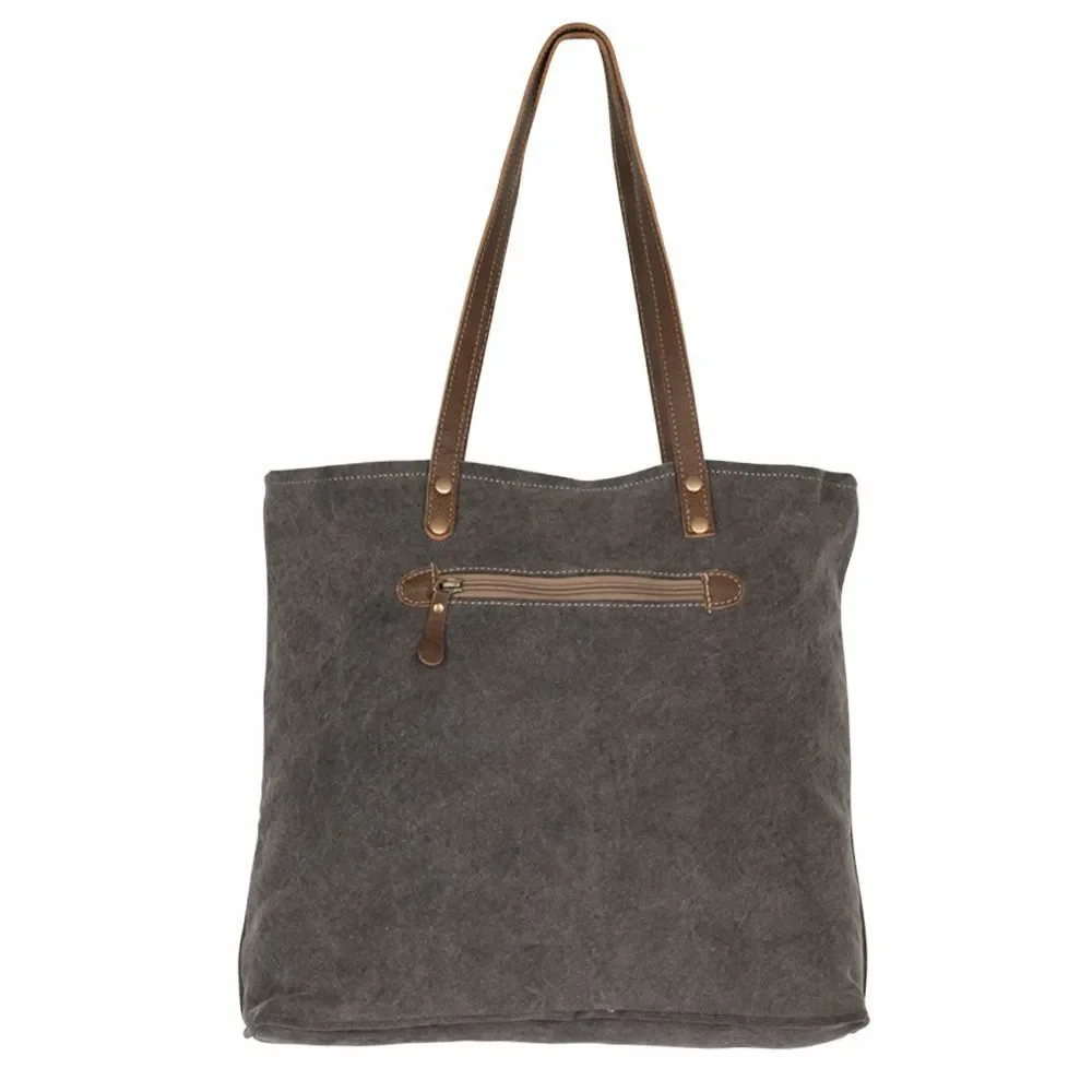 Myra Bag  Upcycled Canvas & Cowhide Leather Brown Canvas Tote Bag